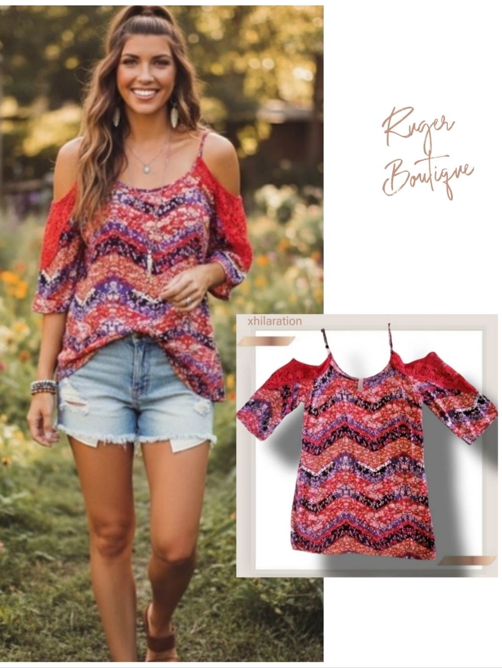 🌿Xhilaration Women's Large Off The Shoulder Crochet Sleeve Floral Print Top❤️